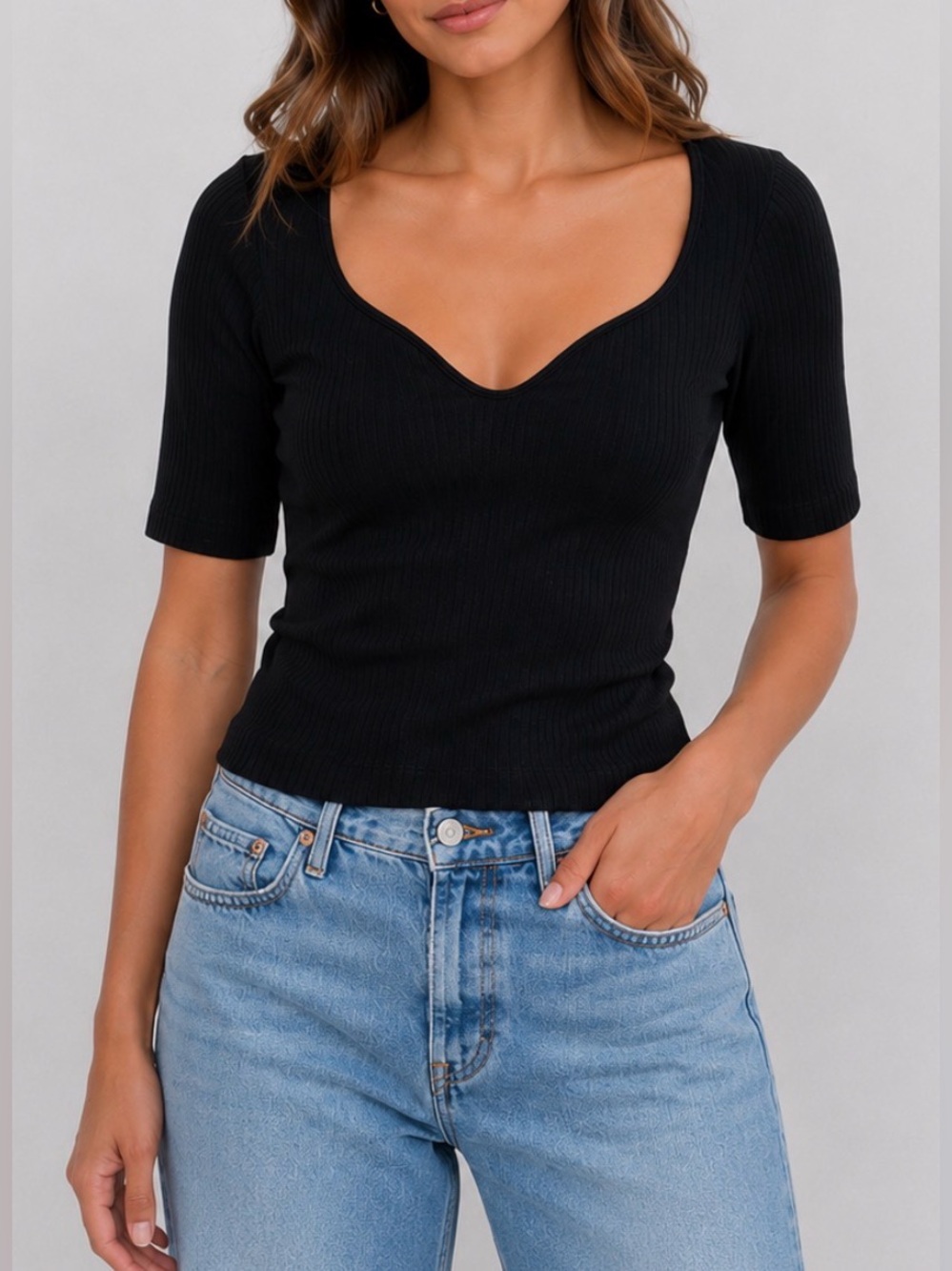 Citizens of Humanity Cutie Black Ribbed Sweetheart Neck Top Size Large